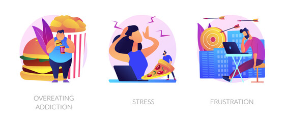 Obesity and unhealthy nutrition, anxiety and panic attack, psychological problem icons set. Overeating addiction, stress, frustration metaphors. Vector isolated concept metaphor illustrations