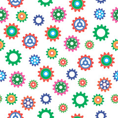 Colored gears seamless pattern. Vector drawing of factory gear wheels. Mechanical gear. The image of the gear.