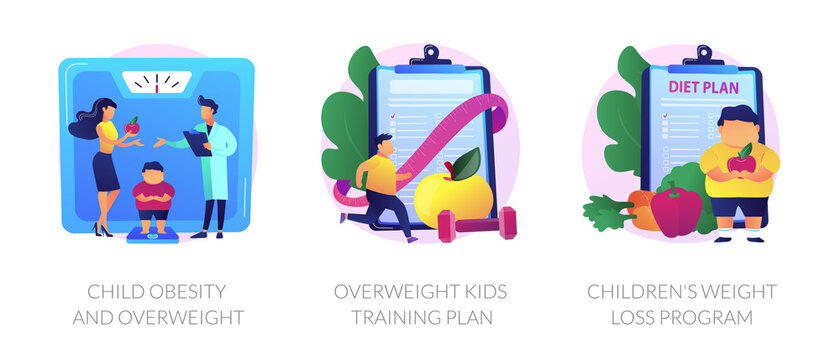 Unhealthy Lifestyle, Vegetarian Diet Icons Set. Child Obesity And Overweight, Overweight Kids Training Plan, Childrens Weight Loss Program Metaphors. Vector Isolated Concept Metaphor Illustrations