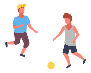 Two boys playing football. Boy in cap and blue t-shirt playing with ball and his friend in shirt. Kid s outdoors activity or hobby. Isolated cartoon faceless children have fun, have recreation