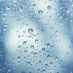 water drops on blue background, close up. Raindrops on the window glass