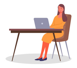 Stylish woman working with laptop. Businessperson sitting at table and typing at computer keyboard. Office worker and modern technology. Working woman wearing dress isolated at white, businesswoman