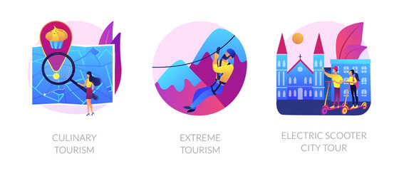 Fototapeta premium Adventure touristic activities, recreation, broadening horizons. Culinary tourism, extreme tourism, electric scooter city tour metaphors. Vector isolated concept metaphor illustrations.