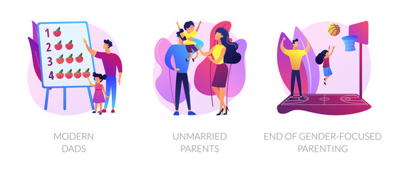 Gender and social equality parenthood metaphors. Modern dads, unmarried parents, end of gender-focused parenting. Fatherhood and motherhood abstract concept vector illustration set.