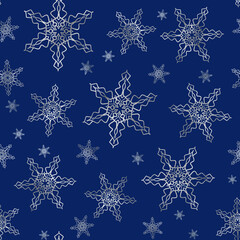 Naklejka na ściany i meble Seamless pattern with silver snowflakes on blue background