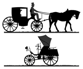 Retro transport silhouettes. Silhouette of a horse-drawn carriage with a coachman. Retro car silhouette. Vector illustration.