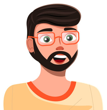 Vector cartoon character. Avatar of young bearded man wearing eyeglasses in yellow t-shirt. Isolated at white portrait of happy cheerful guy, programmer or coder, profile user. Handsome man icon
