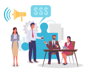 Businesspeople talking. Man offer effective marketing strategies, idea for money, dialogue bubble, loudspeaker icons, huge puzzle pieces. Woman and man sitting at table, communicating with colleagues