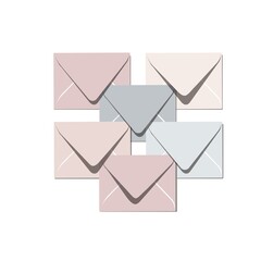 Envelopes in pastel colours, nesting letters in blue, pink, beige colors. Concept of inbox, mailing, writing, subscription and spam. Vector illustration in flat cartoon style