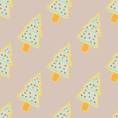 Yellow contoured fir tree cookies doodle seamless pattern. Light pastel background. Winter tasty backdrop.