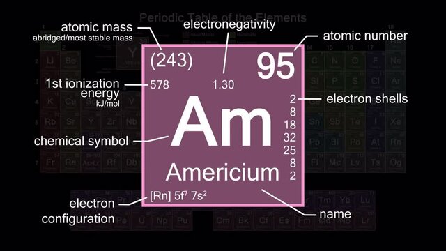Periodic table focusing on Americium with properties, animation, 4K 30 fps