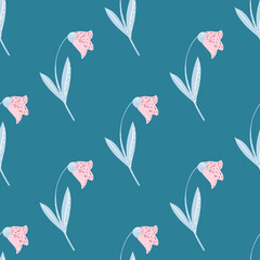 Spring doodle seamless pattern with pink colored campanula silhouettes. Tender flower silhouettes on turquoise background.