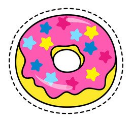 Sweet doughnut sticker or label with dotted line around, sweet bakery dessert with colorful sugar stars and pink cream, donut confectionery cookie, snack for children, delicious unhealthy food