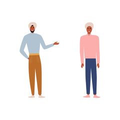 Two muslim modern men in a meeting during quarantine, keep their distance. Flat vector. Young students in fashionable clothes communicate at a distance. Distance learning concept.