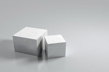 A pedestal for subject shooting in the form of two cubes: a larger and a smaller one. Gray background for subject placement. 3D rendering.