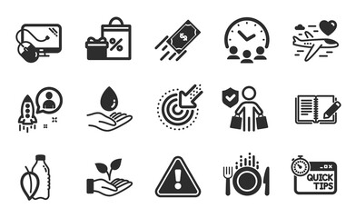 Helping hand, Meeting time and Buyer insurance icons simple set. Honeymoon travel, Targeting and Quick tips signs. Water care, Computer mouse and Startup symbols. Flat icons set. Vector