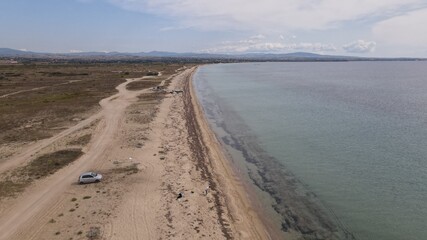 Drone photo over an amazing tropical beach in Epanomi, Chalkidiki, Greece