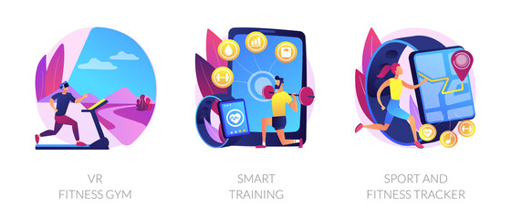 Sport exercise modern technologies metaphors. VR gym, smart training, fitness tracker. Workout tracking wearable devices. Smart watch app. Vector isolated concept metaphor illustrations.