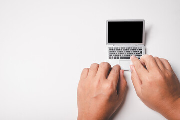 man using minimal laptop on  white background