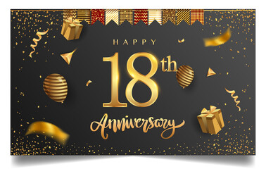 18th years anniversary design for greeting cards and invitation, with balloon, confetti and gift box, elegant design with gold and dark color, design template for birthday celebration.