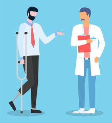 Man with prosthesis instead of leg talking with doctor. Patient with crutches ask advice in physician. Disabled man have meeting with rehabilitologist. Handicapped man talking with medical specialist