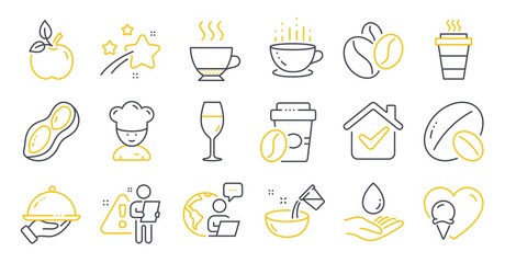 Set of Food and drink icons, such as Soy nut, Takeaway, Takeaway coffee symbols. Wineglass, Coffee beans, Ice cream signs. Water care, Eco food, Cooking chef. Restaurant food, Peanut. Vector