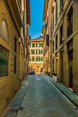 Fototapeta na wymiar Nice portrait shot of the empty narrow alley Via dei Biffi in the old city centre of Florence, Tuscany, Italy on a sunny day with a blue sky.