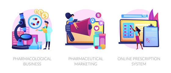 Pharmacological internet service development and promotion. Pharmacological business, pharmaceutical marketing, online prescription system metaphors. Vector isolated concept metaphor illustrations.