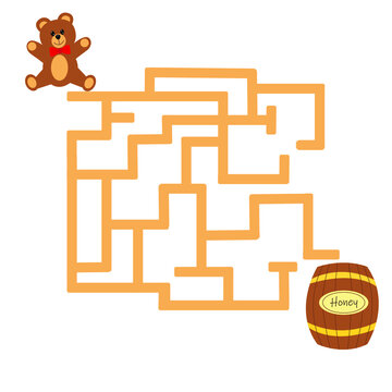 Help cute bear find path to honey. Labyrinth. Maze game for kids. Vector illustration on white background.
