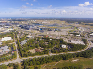 Daytona Beach International Speedway and city landscape aerial view, Daytona Beach, Florida FL,...