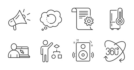 Refrigerator, Speakers and Algorithm line icons set. Online education, Megaphone and Recovery data signs. Technical documentation, Full rotation symbols. Quality line icons. Refrigerator badge. Vector