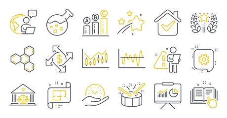 Set of Education icons, such as Chemistry lab, Drums, Financial diagram symbols. Cogwheel, Ranking, Architectural plan signs. Chemical formula, Safe time, Payment exchange. Graph chart. Vector