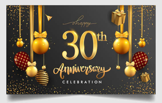 30th years anniversary design for greeting cards and invitation, with balloon, confetti and gift box, elegant design with gold and dark color, design template for birthday celebration.