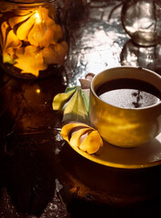 Retro a cup of coffee and a few meringues on black background. Great design for any purposes.