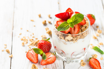 Greek yogurt parfait with strawberry.