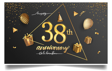 38th years anniversary design for greeting cards and invitation, with balloon, confetti and gift box, elegant design with gold and dark color, design template for birthday celebration.