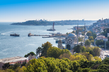 Istanbul skyline in Bosphorus coastline at sunny day, Turkey