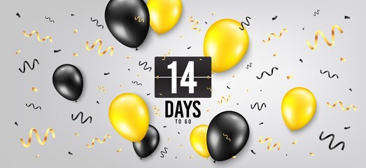 Fourteen days left icon. Countdown scoreboard timer. Balloon confetti background. 14 days to go sign. Days to go birthday balloon. Celebrate countdown banner. Counter background. Vector