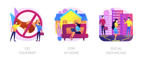 Obraz premium Covid19 outbreak prevention measures abstract concept vector illustration set. Do your part, stay at home, social distancing, self isolation, self protection, wear mask, quarantine abstract metaphor.