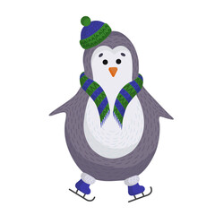  Christmas and new year purple penguin in a knitted hat and scarf isolated on a white background. Penguin in flat style. Perfect for Christmas cards and Christmas Souvenirs