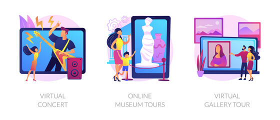Quarantine leasure time abstract concept vector illustration set. Virtual concert, online museum tours, virtual gallery exhibition tour, art therapy, social distance, stay home abstract metaphor.