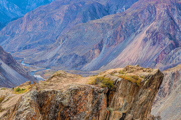 panoramic view of picturesque huge mountains in foggy morning 