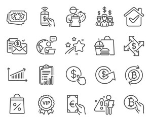 Finance icons set. Included icon as Refresh bitcoin, Phone payment, Chart signs. Bitcoin pay, Vip award, Finance symbols. Loyalty points, Buy currency, Accounting report. Salary employees. Vector