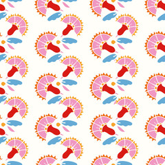 Fototapeta premium Geometric retro folk art rose pattern. Vector vintage rose in alignment. Colourful stylized florals, stripes on cream colored background. Cute, fun background. Perfect for stationery, print and gift
