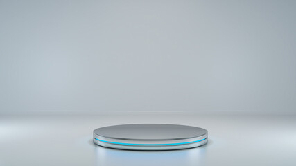 Chrome cylinder platform abstract background with blue neon light shiny metallic podium. Realistic product stand 3D rendering