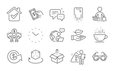 Sharing economy, Pay money and Augmented reality line icons set. Sunglasses, Send box and Employees messenger signs. Dollar exchange, Smartphone recovery and Coffee cup symbols. Line icons set. Vector