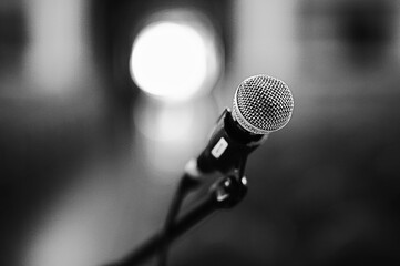 Microphone close-up with a beautiful bokeh. Black and white