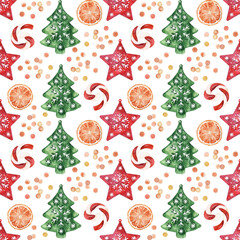 Watercolor seamless pattern with various festive attributes of new Year holidays and Christmas. Decorations, plants and sweets
