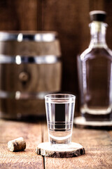 alcoholic beverages, cachaça, rum, rum and cognac. Selection of strong and strong alcoholic drinks, glasses. Vodka, brandy, tequila, brandy and whiskey, grappa, liqueur, vermouth, tincture, rum.