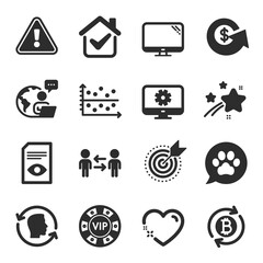 Set of Business icons, such as Target purpose, Teamwork business, Pets care symbols. Dot plot, Dollar exchange, Monitor settings signs. Vip chip, View document, Heart. Refresh bitcoin. Vector
